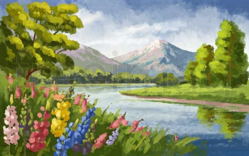 Paisaje de verano, flores en la orilla del río con árboles y montañas al fondo, ilustración de estilo pintura al óleo