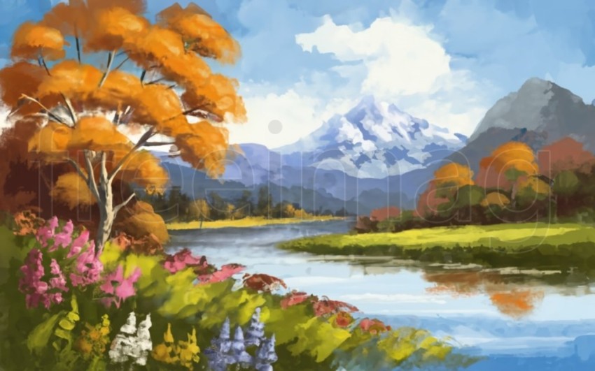 Paisaje de verano, flores en la orilla del río con árboles y montañas al fondo, ilustración de estilo pintura al óleo