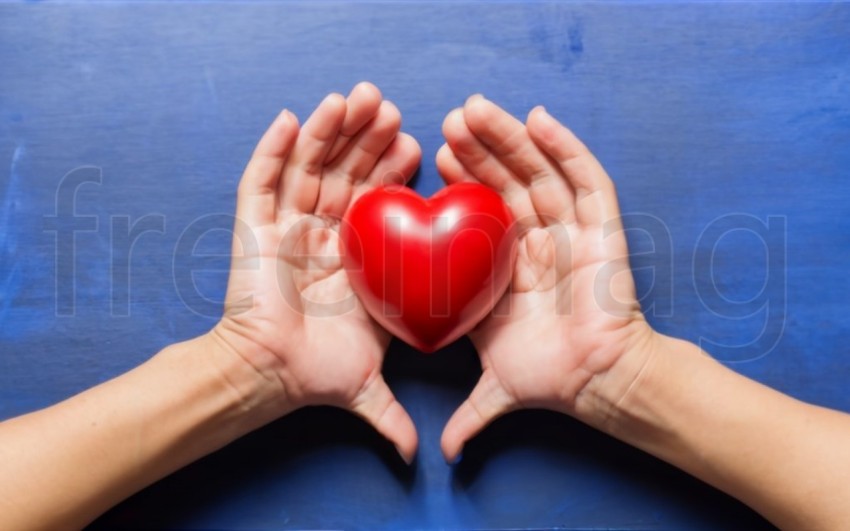 Dos manos  sostienen un corazón rojo sobre un fondo azul