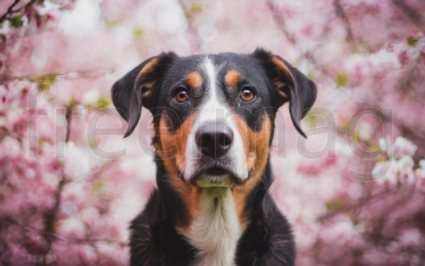 Primer plano de perro con flores de cerezo