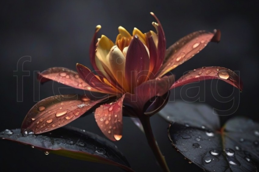 Hermosa flor exótica en una rama de color marrón oscuro con gotas de agua