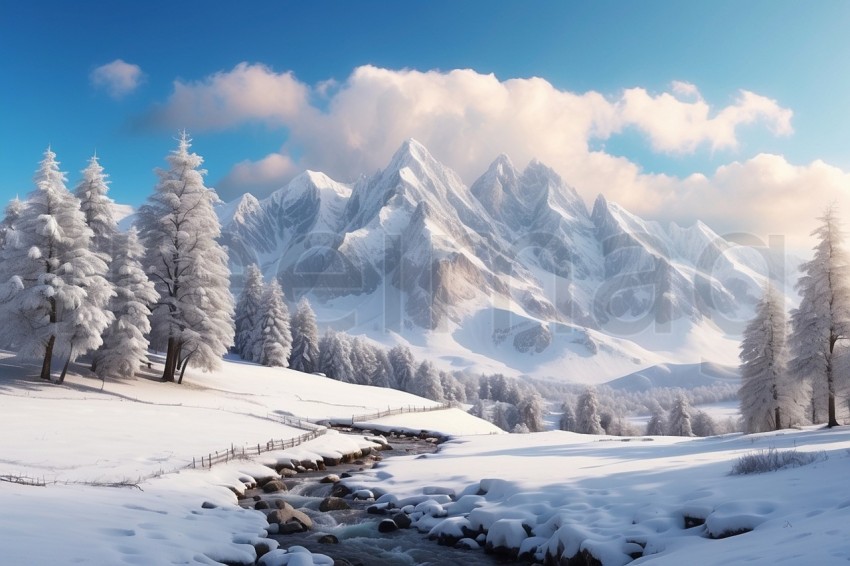 Hermoso paisaje de invierno con montaña y árboles copos de nieve
