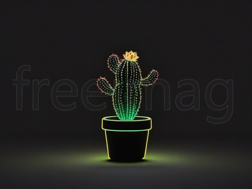 Pequeño cactus de neón, fondo negro, brillante, minimalista