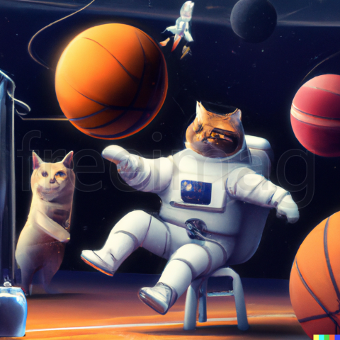 Un astronauta jugando baloncesto con gatos en el espacio