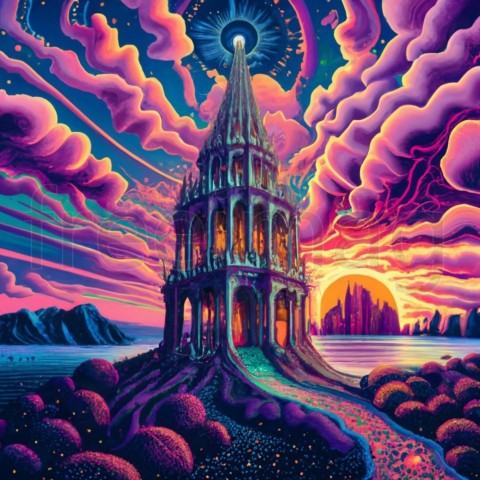 Templo celestial, fantasía, arte vectorial y Vaporwave, puesta de sol (1)