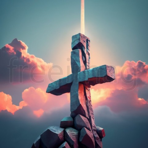 Cruz de piedra contra cielo, foto, render 3d