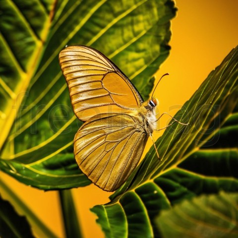 Mariposa amarillo posado con gracia sobre una hoja verde vibrante