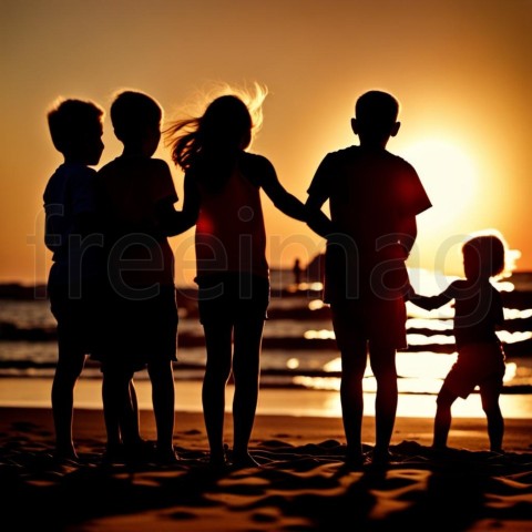 Siluetas de niños feliz en la playa al atardecer niños feliz saltando juntos en la playa(5)