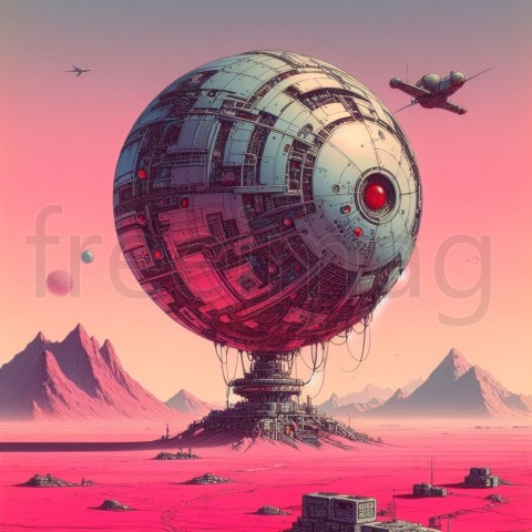 Una esfera mecánica flotando sobre un desierto rosa, ciencia ficción de los años 70, ilustración de Moebius