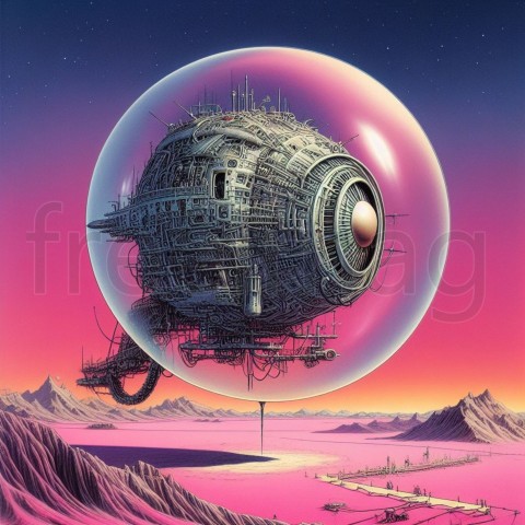 Una esfera mecánica flotando sobre un desierto rosa, ciencia ficción de los años 70, ilustración de Moebius