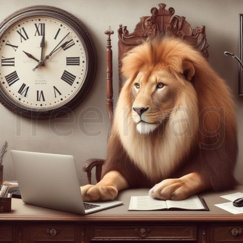 León, sentado en un escritorio con una computadora portátil, con un gran reloj en la pared, foto realista