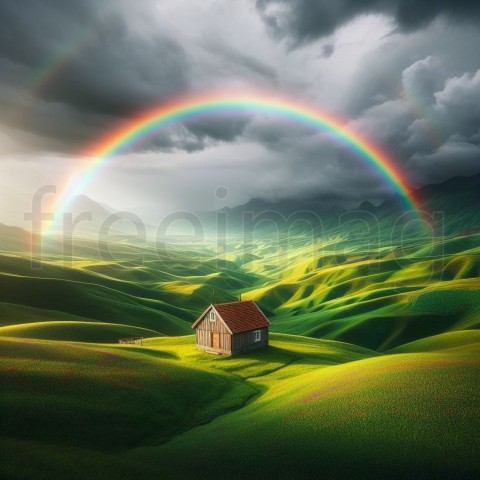 Campo verde, pequeña casa de madera y arco iris perfecto y brillante desciende hasta el suelo