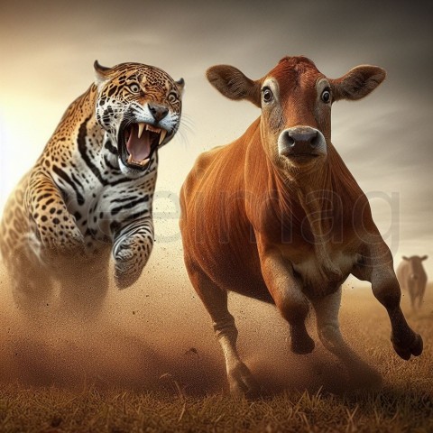 Una vaca aterrorizada huye desesperadamente de un jaguar