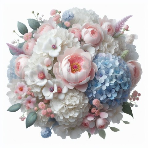 Imagen de ramo de flores blancas, con peonías rosa pastel y hortensias azul pastel