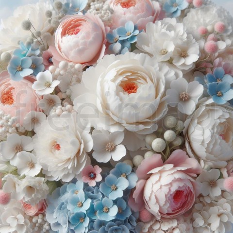 Batch  Imagen de ramo de flores blancas, con peonías rosa pastel y hortensias azul pastel