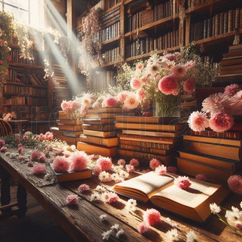 Imagen de libros, flores rosas y blancas que cubren un escritorio rústico con rayos de sol en biblioteca