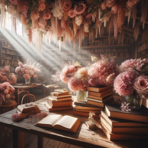 Imagen de libros, flores rosas y blancas que cubren un escritorio rústico con rayos de sol en biblioteca