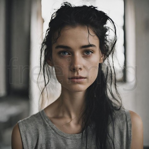 Retrato de una chica sin maquillaje y con pelo negro alborotado