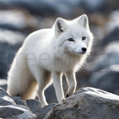 Un zorro de las nieves ártico en algunas rocas
