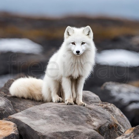 Un zorro de las nieves ártico en algunas rocas