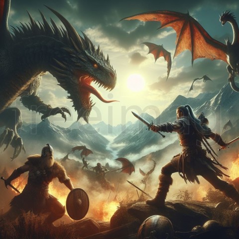 Escena manga guerrero luchando contra dragón en las montañas