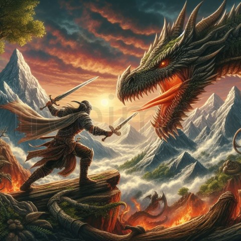 Escena manga guerrero luchando contra dragón en las montañas