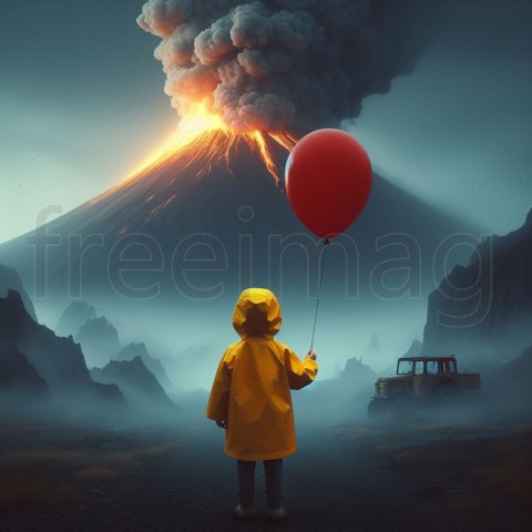 Un niño con un impermeable amarillo sosteniendo un globo rojo, parado frente a un volcán humeante, arte digital