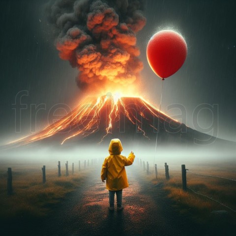 Un niño con un impermeable amarillo sosteniendo un globo rojo, parado frente a un volcán humeante, arte digital
