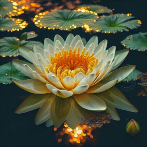 Nenúfar en el estanque, loto blanco en un estanque mágico dorado