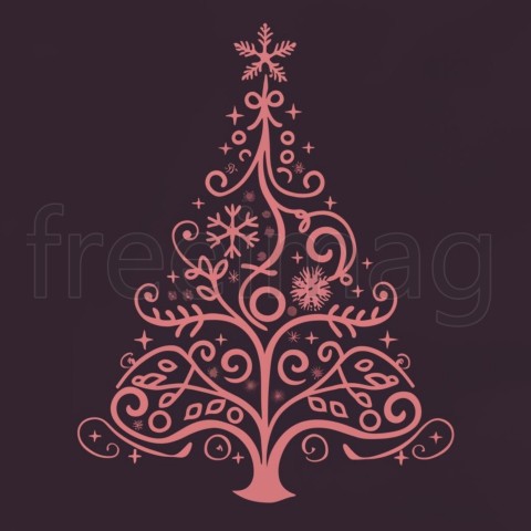 Ilustración Un árbol de Navidad rosa con flores, adornos morados y copos de nieve