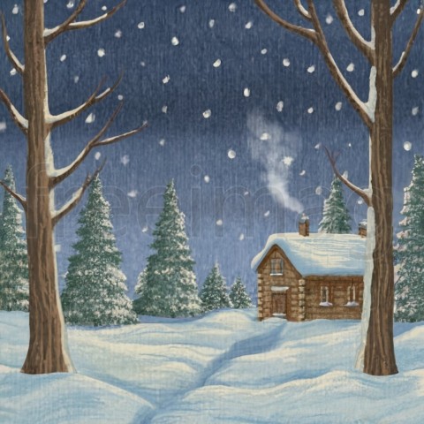 Ilustración, Copos de nieve, árboles cubiertos de nieve en un bosque  Una cabaña al fondo, humo saliendo de la chimenea