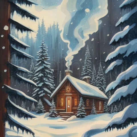 Ilustración, Copos de nieve, árboles cubiertos de nieve en un bosque  Una cabaña al fondo, humo saliendo de la chimenea