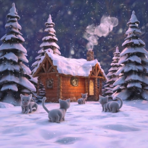 Ilustración,  Una Escena Encantadora con Copos de Nieve, Gatitos Curiosos y una Cabaña Rústica