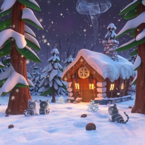 Ilustración, Serenidad Invernal: Una Ilustración de Gatitos, Árboles Cubiertos de Nieve y una Cabaña Acogedora