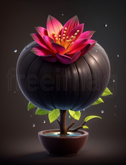 Hermosa flor exótica en una rama de color marrón oscuro con gotas de agua  Imagen 3D