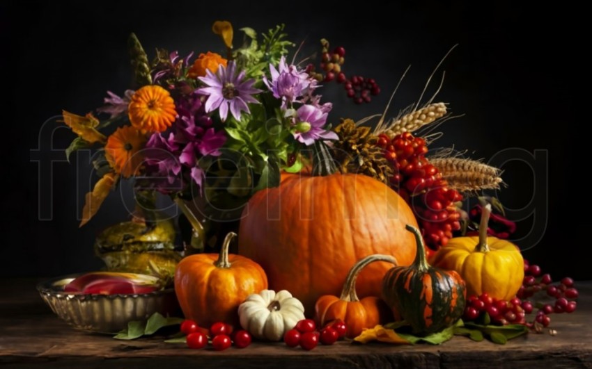 Fondo brillante con hermosa decoración de acción de gracias  Calabazas con frutas, flores, verduras y hojas