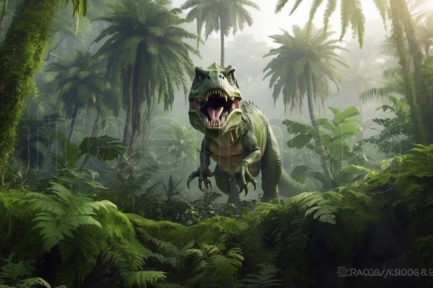 Dinosaurio T rex selva selva helechos árboles musgo realista foto frontal niebla palmeras
