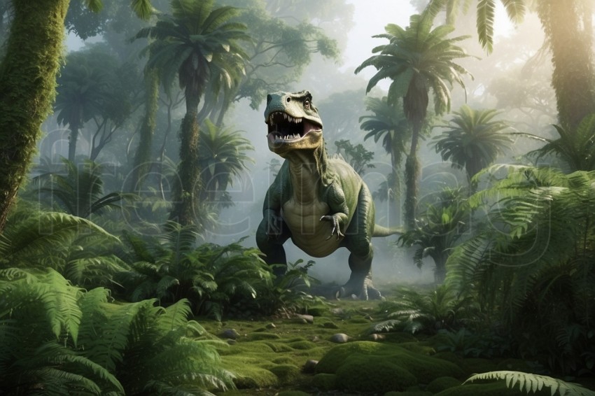 Dinosaurio T rex selva selva helechos árboles musgo realista foto frontal niebla palmeras