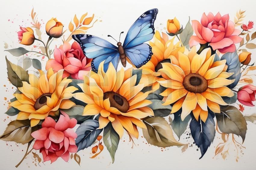 Flores de acuarela girasoles coloridos y mariposas