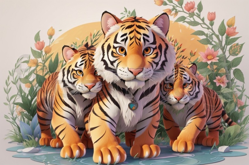 Vista del tigre salvaje en la selva rodeada de flores  Imagen 3D