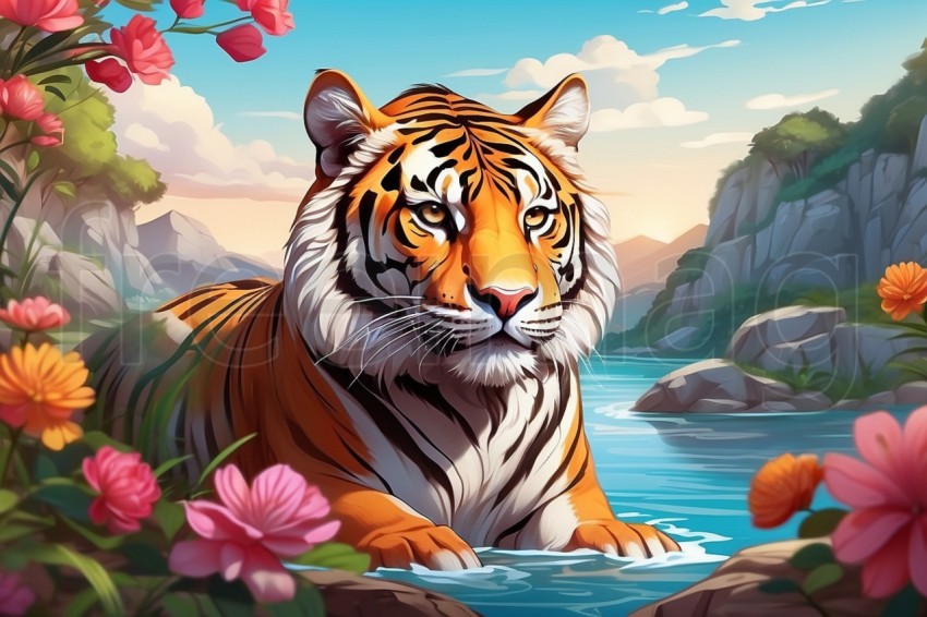Vista del tigre salvaje en la selva rodeada de flores  Imagen 3D