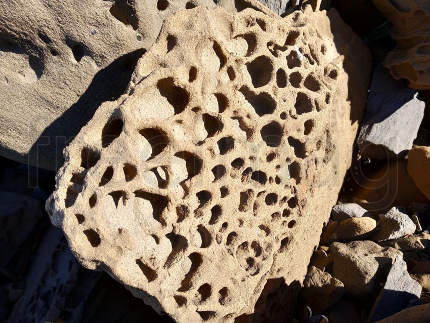 Piedras con agujeros de erosión rocosa en la playa de España