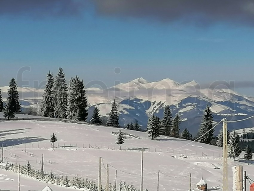 Montaña cubierta de nieve, paisaje de invierno en Transilvania