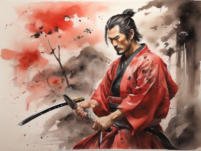 Una pintura en acuarela de un samurái con kimono rojo y cinturón negro practicando con su espada