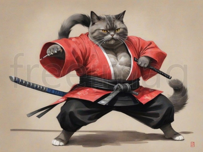 Pintura en tinta de un gato samurái con kimono rojo y cinturón negro