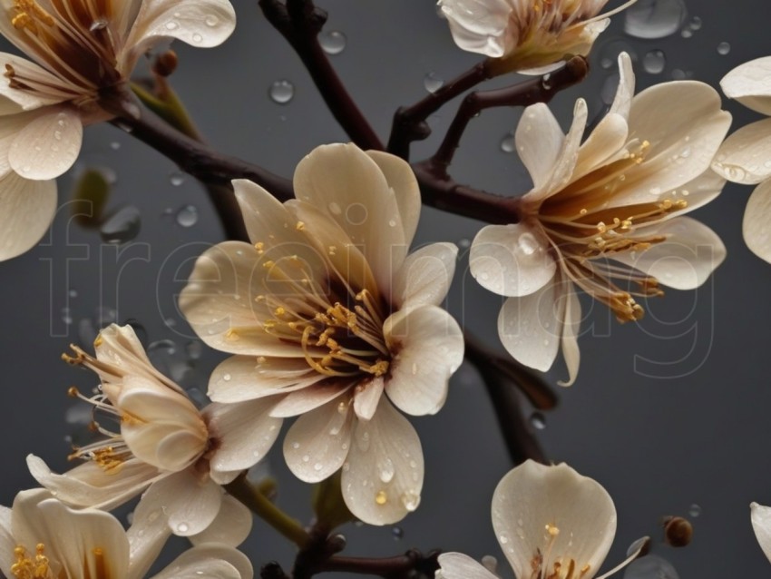 Hermosa flor exótica en una rama de color marrón oscuro con gotas de agua