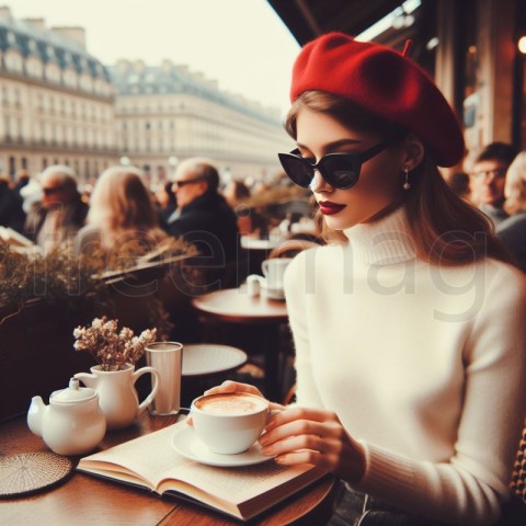 Una mujer con gafas de sol y boina tomando café