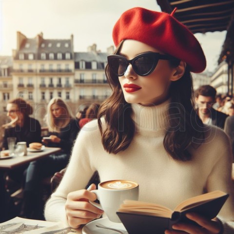 Una mujer con gafas de sol y boina tomando café