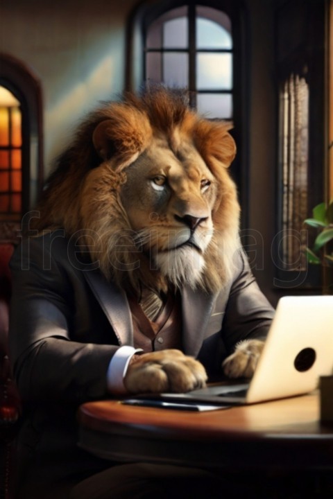 León, sentado en un escritorio con una computadora portátil, con un gran reloj en la pared, foto realista