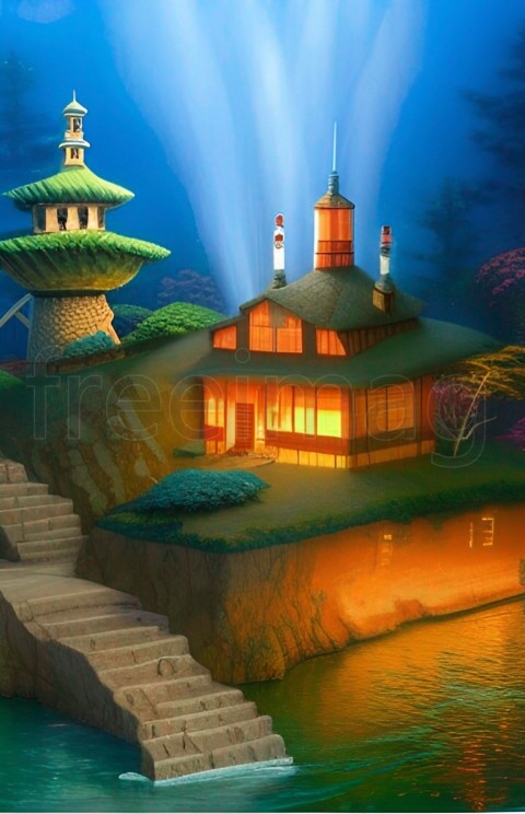 Ilustración casa y agua de noche